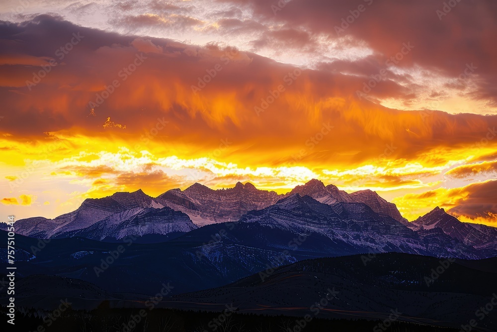 A stunning sunrise over majestic mountains, painting the sky with vibrant golden hues. The peaks outlined against the dawn, a serene and inspiring landscape