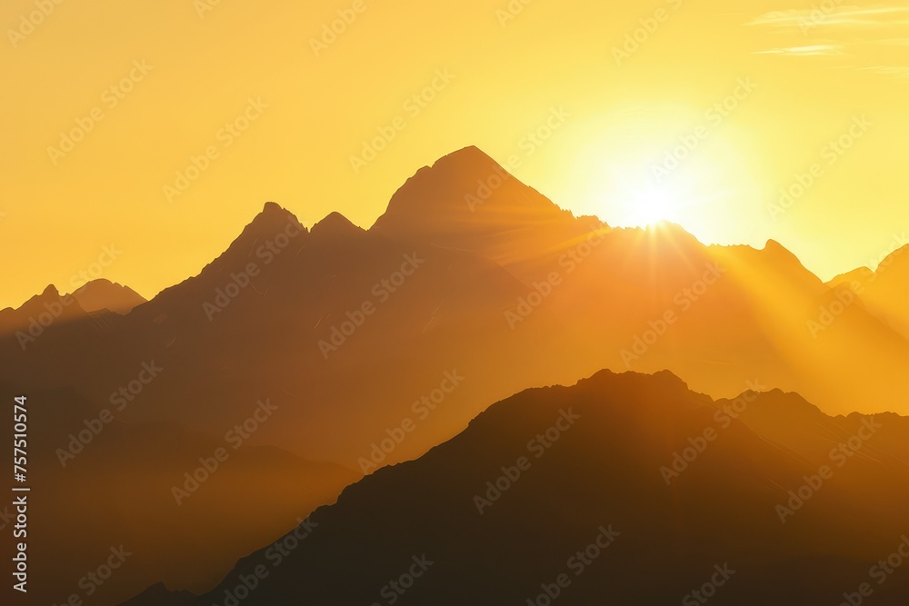 Sunrise over majestic mountain range with golden hue, vibrant sky, and stunning peaks. Nature's beauty in a tranquil landscape with morning glow Sunrise over majestic mountain range with golden hue, vibrant sky, and stunning peaks. Nature's beauty in a tranquil landscape with morning glow
