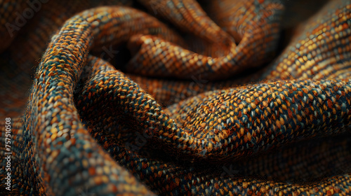 An up-close view of a herringbone tweed fabric, emphasizing the texture and complex patterns inherent in the material