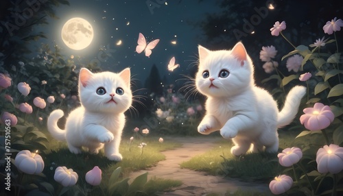  A charming scene of two marshmallow kittens chasing fireflies in a moonlit pastel garden. 