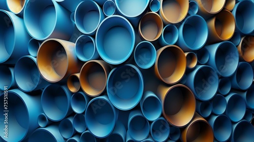 a large pile of blue and yellow pipes stacked on top of each other on the side of a large wall.