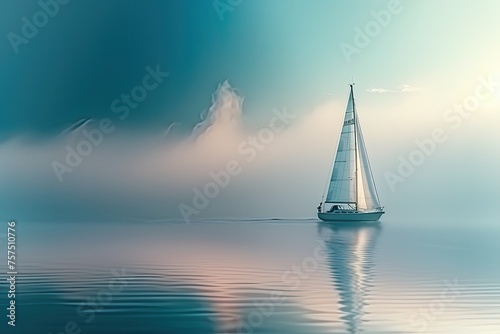 A sailboat is sailing on a calm lake with a cloudy sky in the background