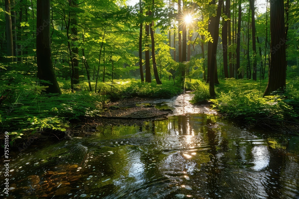 Tranquil forest stream with sunlight filtering through lush green leaves, creating dappled patterns on the water surface. Serene and peaceful nature scene with flowing water and reflections