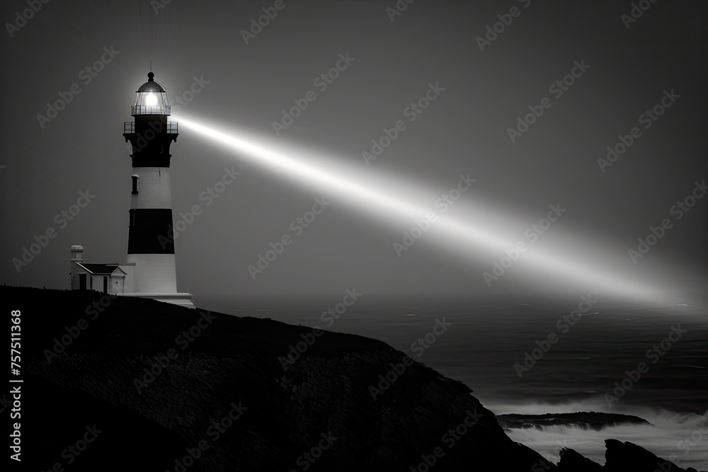 A lighthouse is lit up in the dark, with the light shining out over the ocean