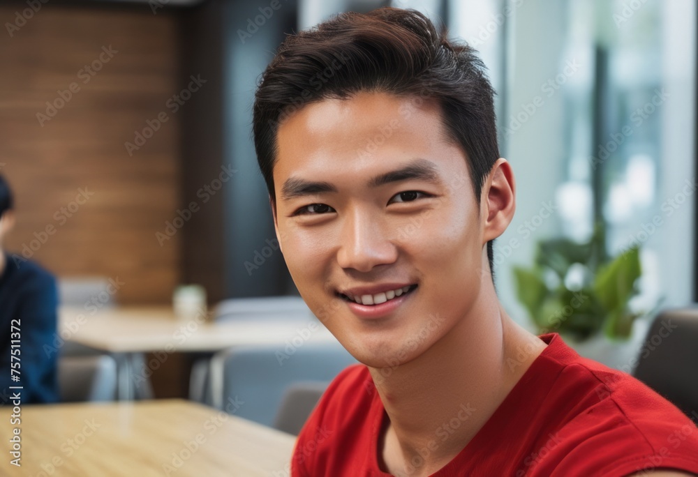 A smiling professional man in a red shirt enjoys a moment in a vibrant office environment. His warm demeanor and smart appearance suggest a positive corporate culture.