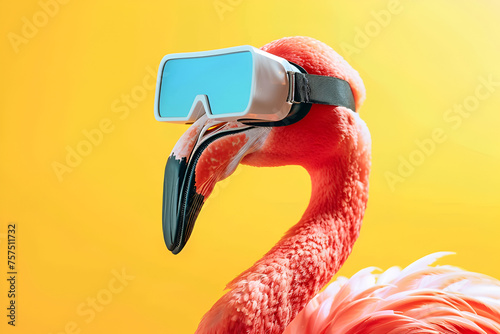 pink flamingos in virtual reality glasses on yellow background
