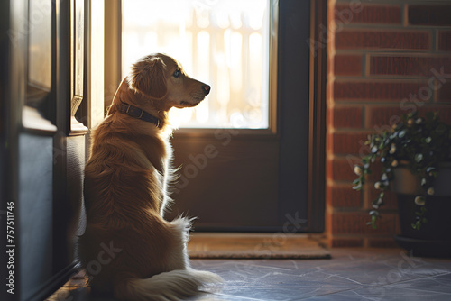 Puppy dog patiently sitting by front door and waiting for his owner