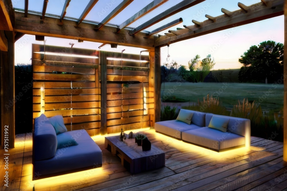 Rustic outdoor lounge area with a weathered wooden pergola, cozy outdoor furniture, and soft ambient lighting, creating an inviting space for relaxation Rustic outdoor lounge area with a weathered wooden pergola, cozy outdoor furniture, and soft ambient lighting, creating an inviting space for relaxation