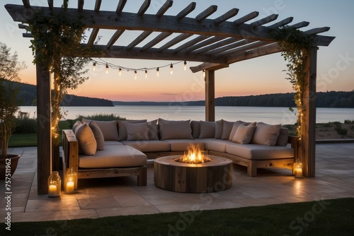 Rustic outdoor lounge area with a weathered wooden pergola  cozy outdoor furniture  and soft ambient lighting  creating an inviting space for relaxation