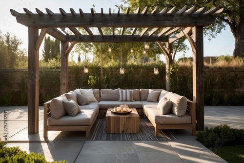 Rustic outdoor lounge area with a weathered wooden pergola, cozy outdoor furniture, and soft ambient lighting, creating an inviting space for relaxation