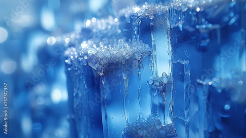 a close up of a blue glass sculpture with drops of water on the glass and on the bottom of it. photo
