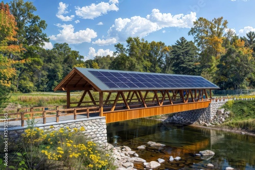 A scenic rural bridge with a wooden roof covered in solar panels. The bridge spans a calm river surrounded by trees and grassy areas. 