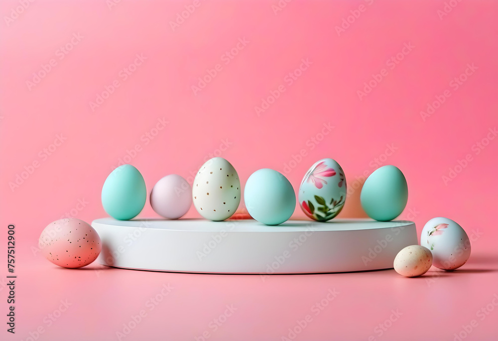 Abstract empty white podium with Easter quail eggs and spring flowers on pink background.