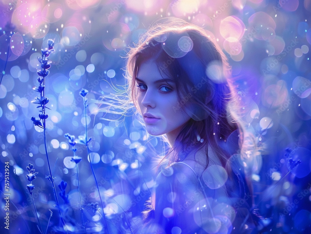 Amidst a landscape adorned with sapphire hues a beautiful girl wandered Amidst a landscape adorned with sapphire hues a beautiful girl wandered