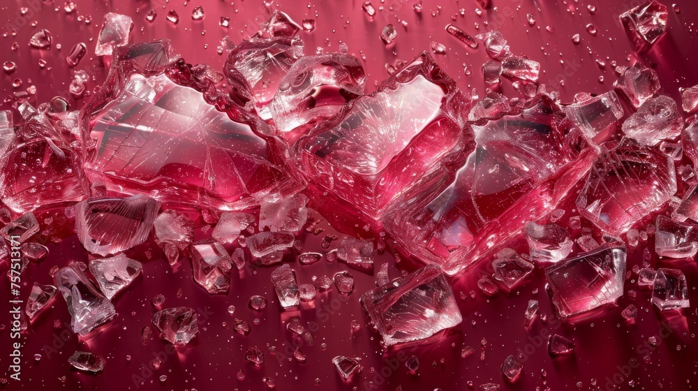 a bunch of ice cubes sitting on top of a red surface with drops of water on top of them. a bunch of ice cubes sitting on top of a red surface with drops of water on top of them.