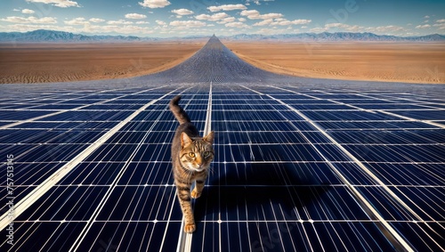 Join us in celebrating this eco-conscious kitty as it strolls across a solar panel road, showing us the way to a cleaner, greener tomorrow. photo