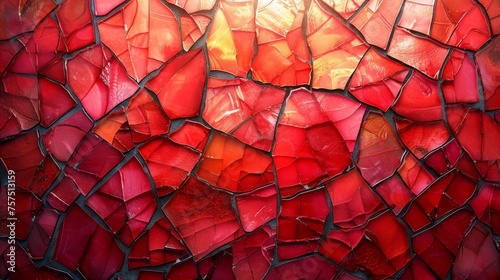 a close up of a piece of art made out of red and yellow squares of glass with a light shining in the background. photo