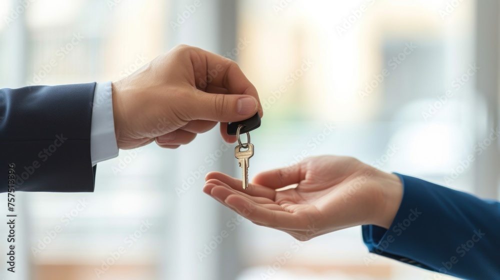 Realtor agent giving apartment keys to new owner, real estate concept