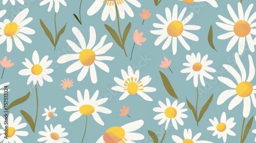 floral pattern of white daisies blue background © ERiK