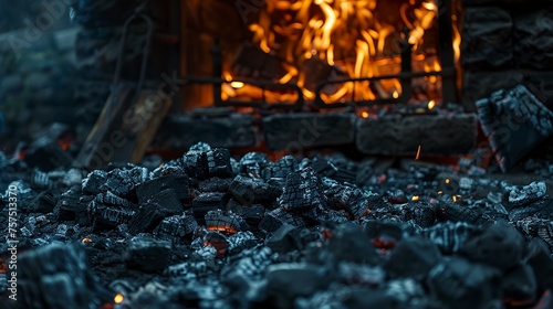 A Russian fireplace with black coals next to a lit fire. Black coals and unlit embers in focus next to the fireplace.