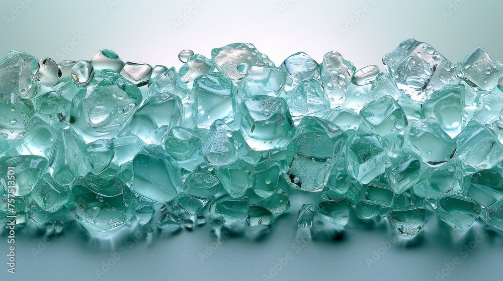 a pile of green glass sitting on top of a blue table next to a white wall with lots of glass on top of it. a pile of green glass sitting on top of a blue table next to a white wall with lots of glass on top of it.