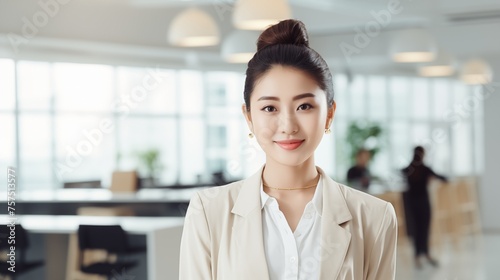 Portrait of happy Chinese businesswoman smiling in modern office space.