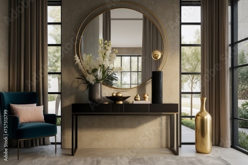 An entryway designed with minimalist principles  featuring a sleek console table  a wall mirror for spatial illusion  and a few carefully chosen decorative accents