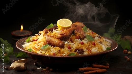 Biryani with chicken and rice on a dark background, closeup