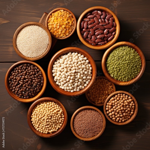Top view of multicolored legumes in wooden cups on a dark background. Ingredients for vegetarian dishes. Beans, lentils, peas, chickpeas. Healthy eating concepts.