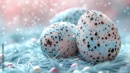 two speckled eggs laying on top of each other on a bed of blue grass with pink and white eggs in the background. photo