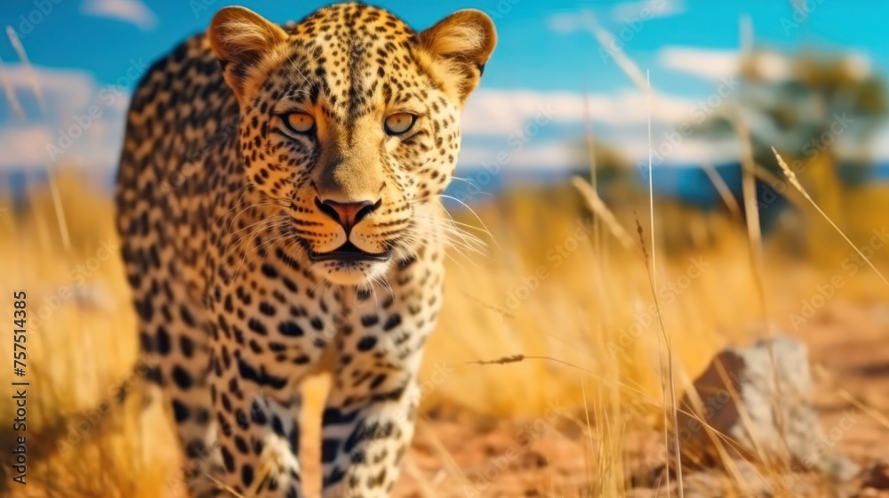 wild leopard in the savanna landscape - obrazy, fototapety, plakaty 