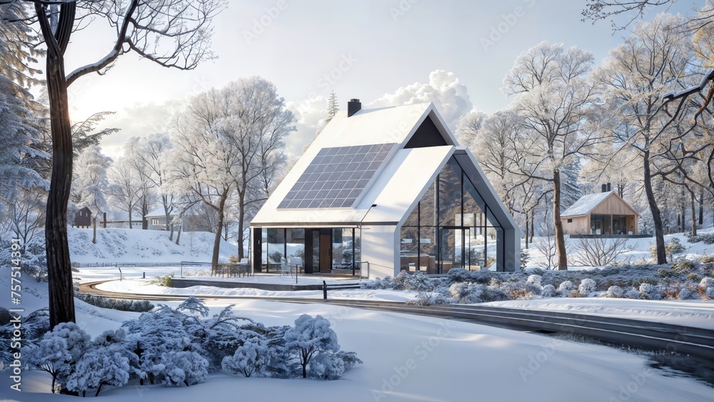 A snow-covered house with solar panels on the roof sits nestled amongst snow-covered evergreen trees. Smoke curls from the chimney. A snow-covered house with solar panels on the roof sits nestled amongst snow-covered evergreen trees. Smoke curls from the chimney.