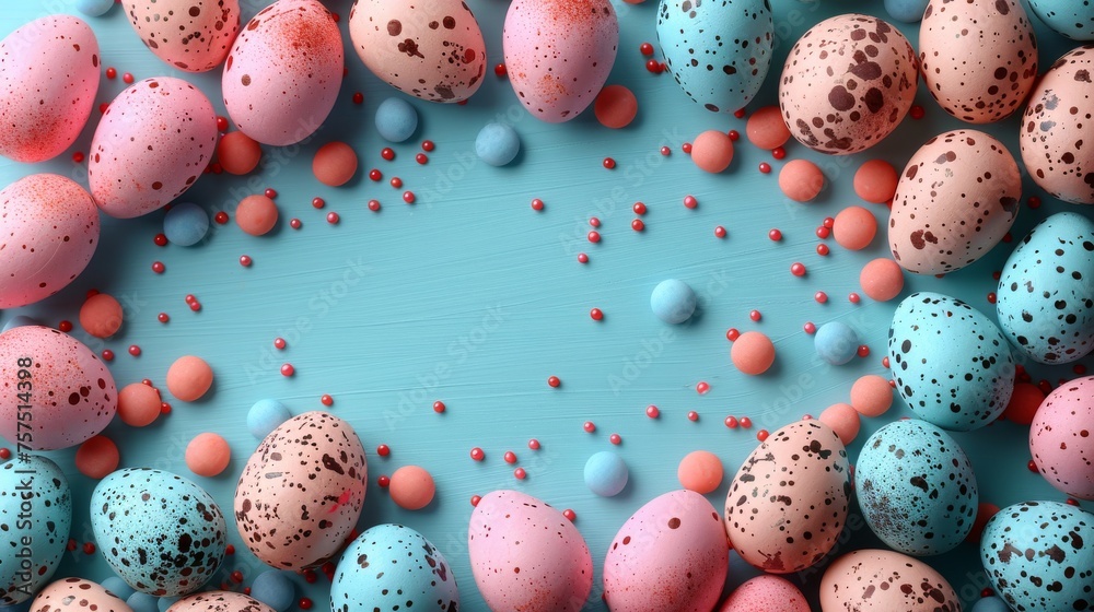 a blue background with speckles of pink, blue, and orange speckles and speckled eggs.