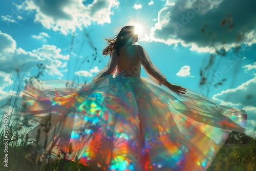 woman in a holographic full skirt dress with digital design, sunny day, HDR, very beautiful, cinematic filter, blur