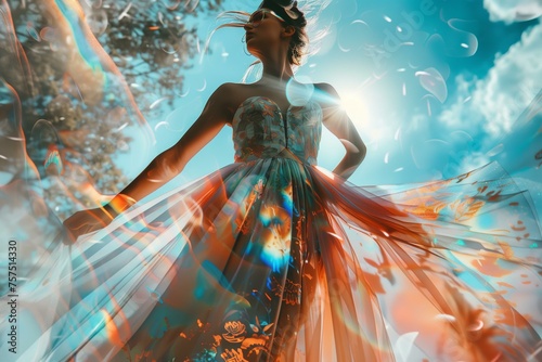 woman in a holographic full skirt dress with digital design  sunny day  HDR  very beautiful  cinematic filter  blur
