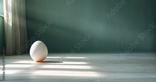 a white egg sitting on top of a hard wood floor in a green room with sunlight coming through the window.