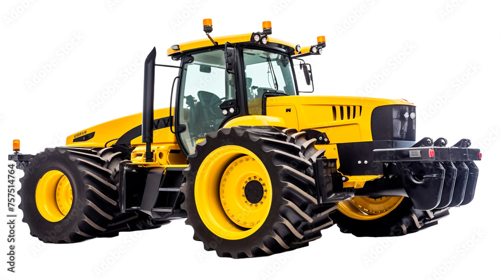 A Yellow Tractor with large wheels isolated on transparent background.
