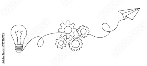 Light bulb, gear and paper airplane flying up in one continuous editable line. Teamwork concept, business ideas. Vector illustration in simple linear style.