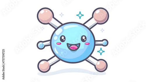 A cheerful, smiling character resembling a molecule with blue body and pink arms, perfect for educational content