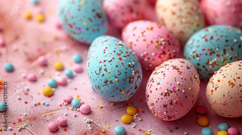 a group of colorful speckled eggs sitting on top of a pink surface with sprinkles on them.