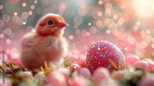 a baby chicken standing next to an easter egg in a field of pink and white eggs with sparkles on them. © Nadia