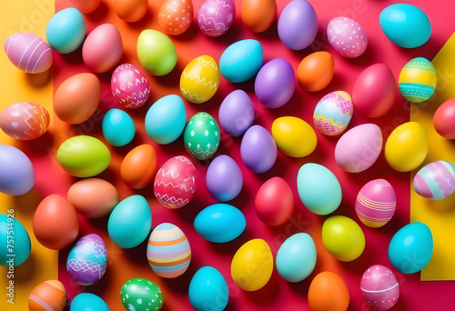 Bright, multi-colored Easter eggs on a colorful background. Minimal concept. Card with copy space for text.
