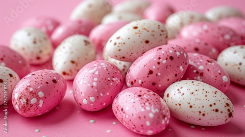 a pile of pink and white speckled eggs on a pink surface with white speckles on the eggs.