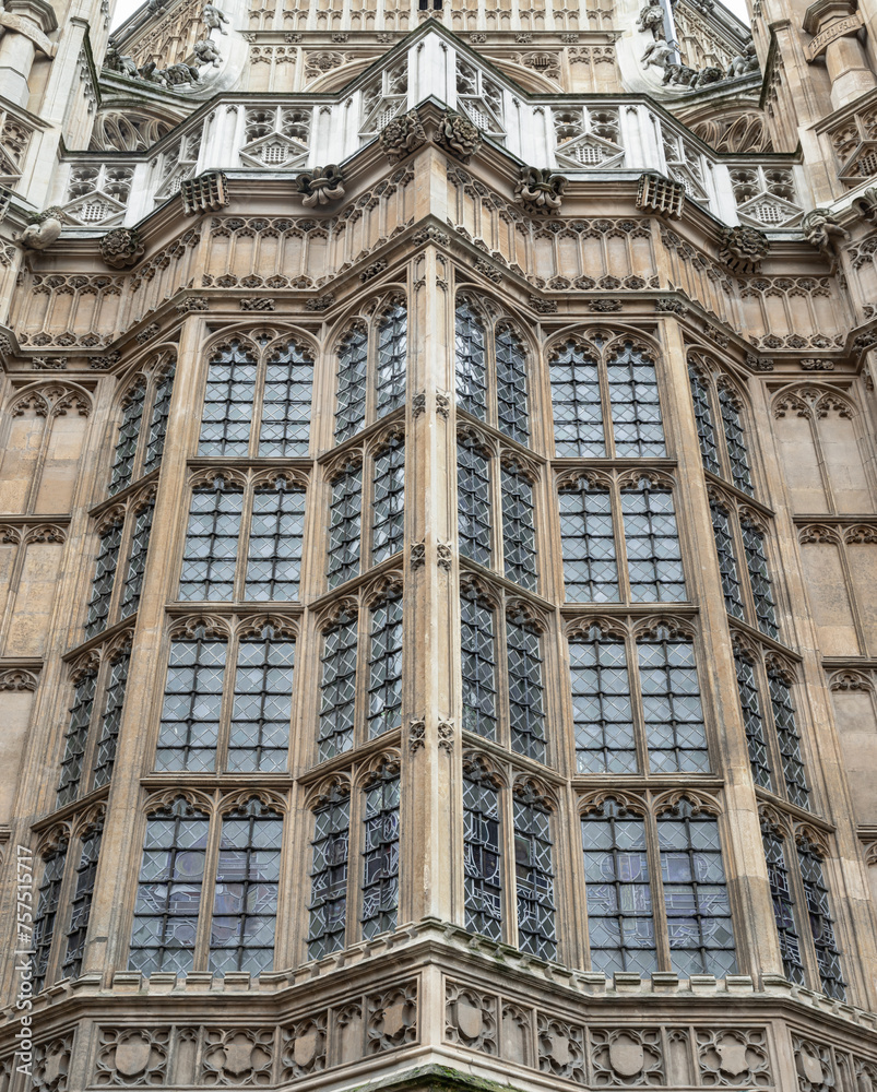 Detail Design in Architecture is Victorian Gothic Palace of Westminster, Entrance to the Houses of Parliament in Westminster. Space for text, Selective focus.