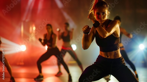 The trainer is showing high-energy class intoning arms and legs in bodycombat