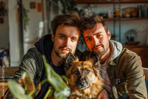 A loving same-sex couple shares a close embrace with their dog in a warmly lit home setting.