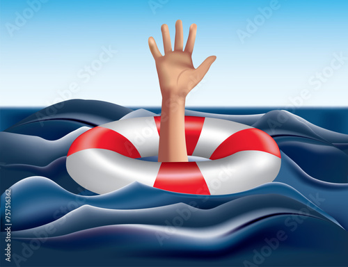 Drowning concept. Life Buoy with hand asking for help