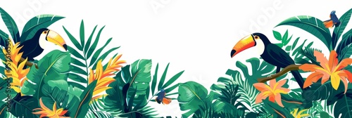 Colorful jungle foliage border with toucans and parrots for summer party decoration or travel concept banner Generative AI