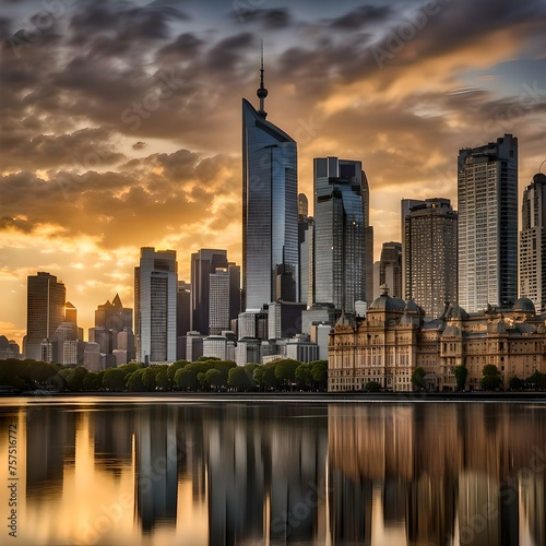 A professional photograph capturing the city skyline across water during sunset. © Sourena