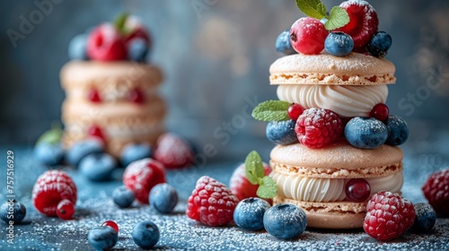 a stack of macaroons with berries and mint leaves on top of each macaroons are stacked on top of each other with blueberries and raspberries on top of the macaroons.